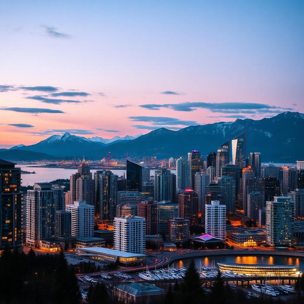 Vancouver, British Columbia skyline at dusk with mountains and harbor